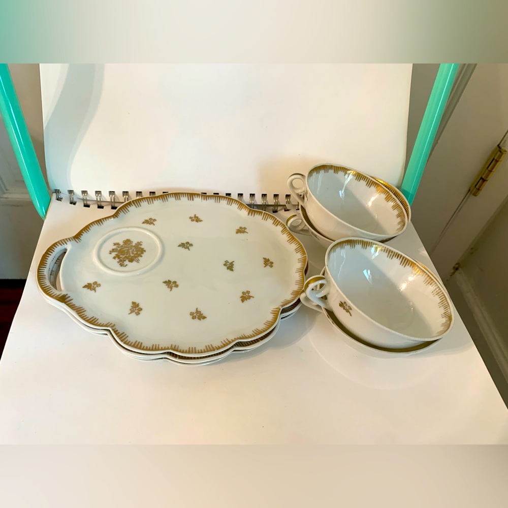 Vintage Gold Flowers Limoges France Snack Plates and Tea Cups-Set of 4
